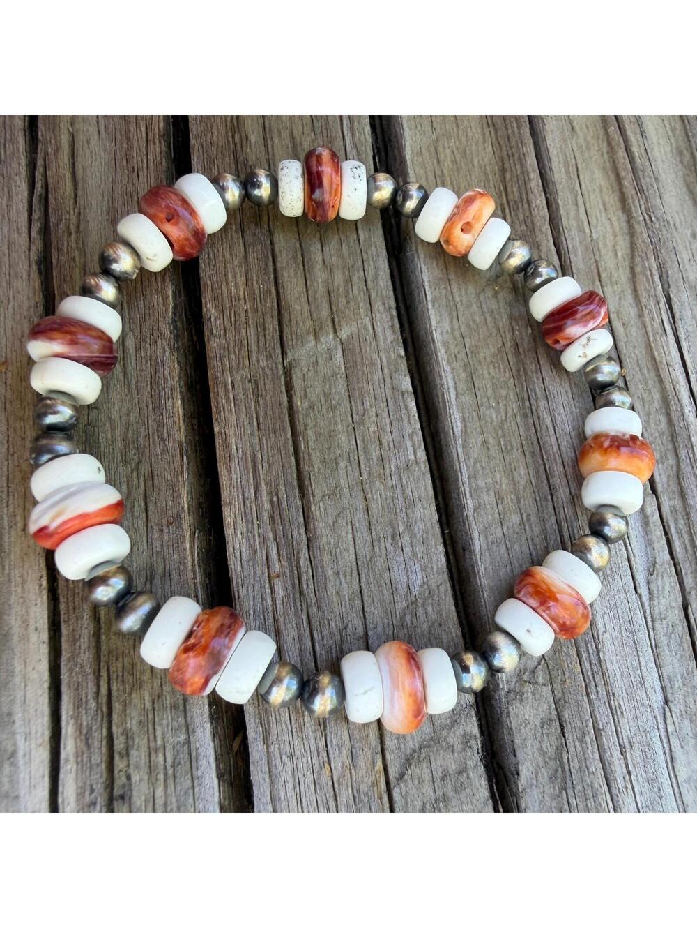 Orange Spiny, Howlite & 4mm Sterling Desert Pearl 6" Stretch Bracelet